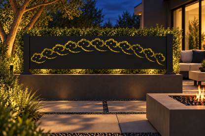 Design 327 Braided Vine Arch Laser Cut Metal Privacy Screen Panel installed garden night lighting view