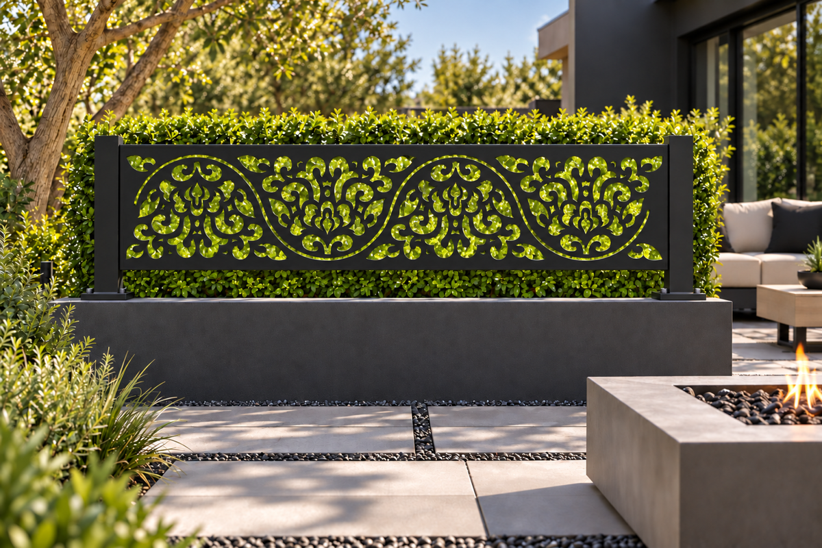 Design 328 Baroque Heart Border Laser Cut Metal Privacy Screen Panel installed garden daylight view