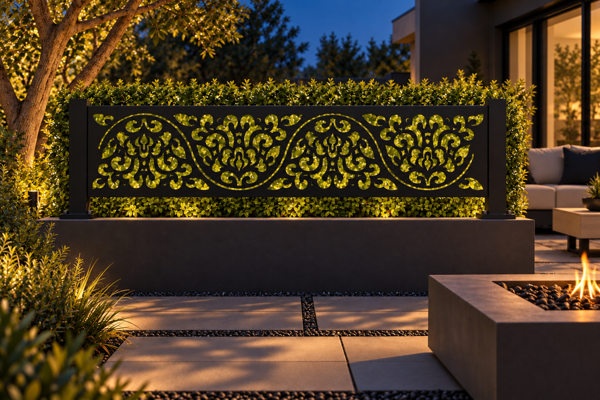 Design 328 Baroque Heart Border Laser Cut Metal Privacy Screen Panel installed garden night lighting view
