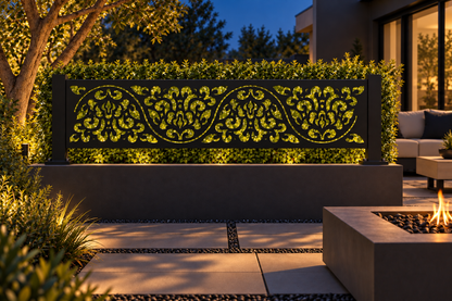 Design 328 Baroque Heart Border Laser Cut Metal Privacy Screen Panel installed garden night lighting view