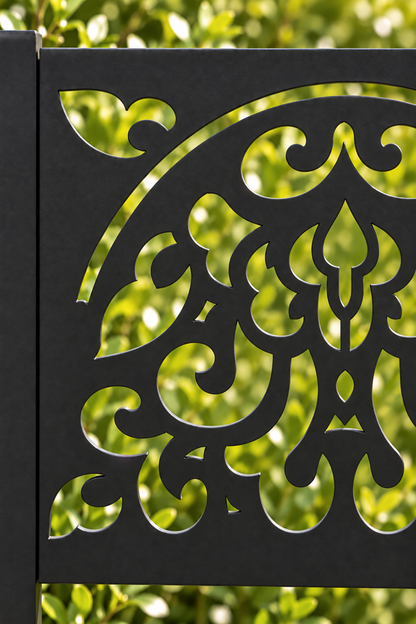 Design 328 Baroque Heart Border Laser Cut Metal Privacy Screen Panel close-up detail view