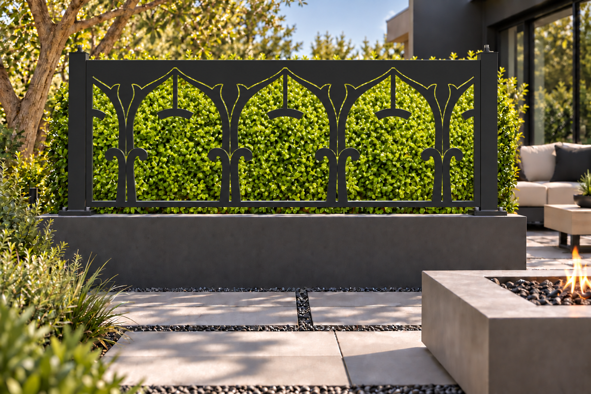 Design 329 Gothic Arch Border Laser Cut Metal Privacy Screen Panel installed garden daylight view