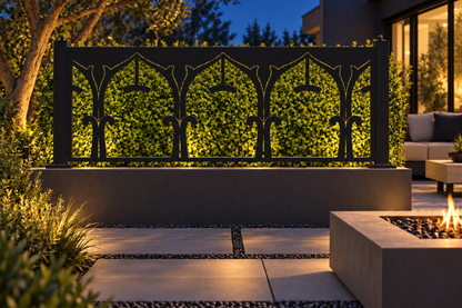 Design 329 Gothic Arch Border Laser Cut Metal Privacy Screen Panel installed garden night lighting view