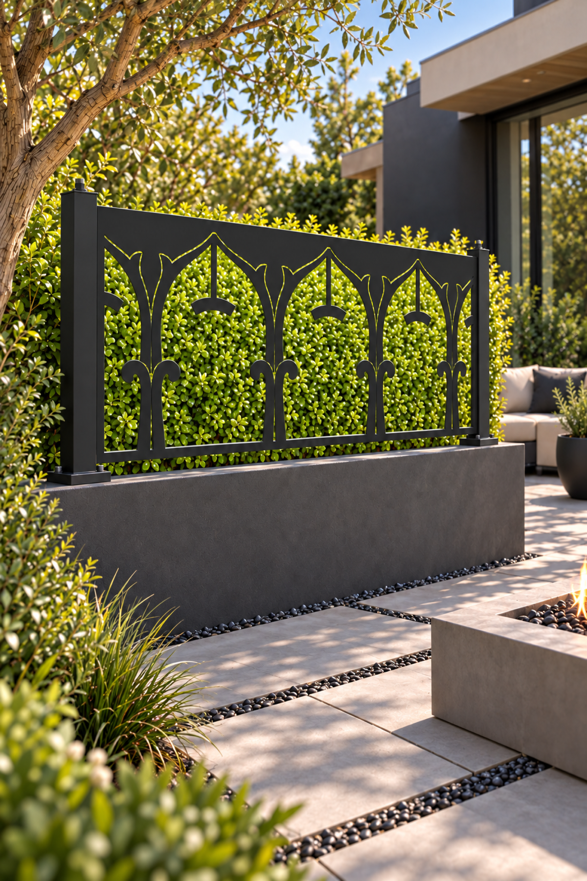 Design 329 Gothic Arch Border Laser Cut Metal Privacy Screen Panel oblique angle view