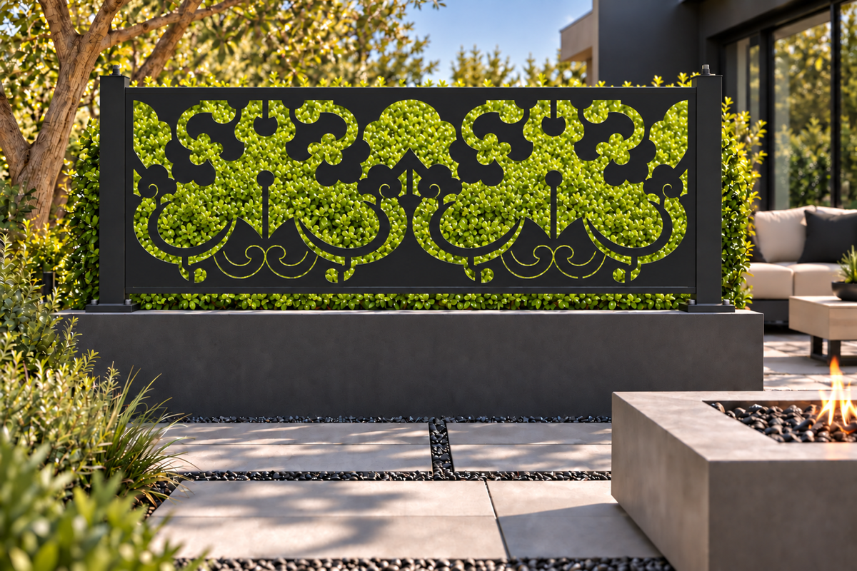 Design 330 Mirrored Lotus Border Laser Cut Metal Privacy Screen Panel installed garden daylight view
