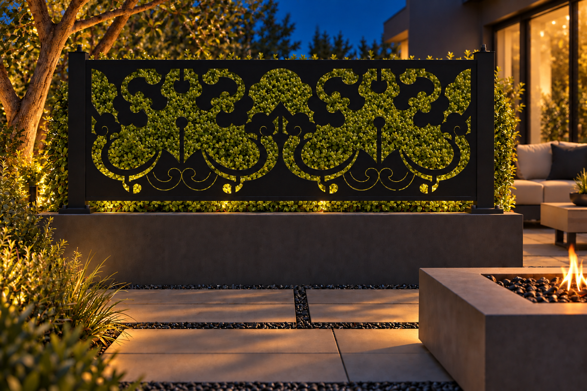 Design 330 Mirrored Lotus Border Laser Cut Metal Privacy Screen Panel installed garden night lighting view