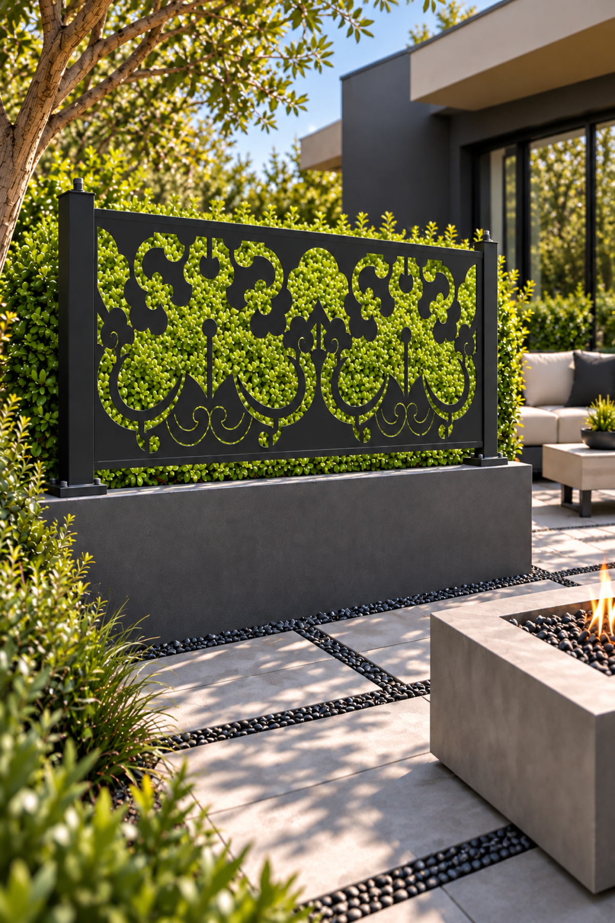 Design 330 Mirrored Lotus Border Laser Cut Metal Privacy Screen Panel oblique angle view