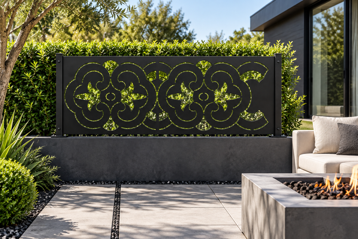 Design 331 Clover Scroll Border Laser Cut Metal Privacy Screen Panel installed garden daylight view