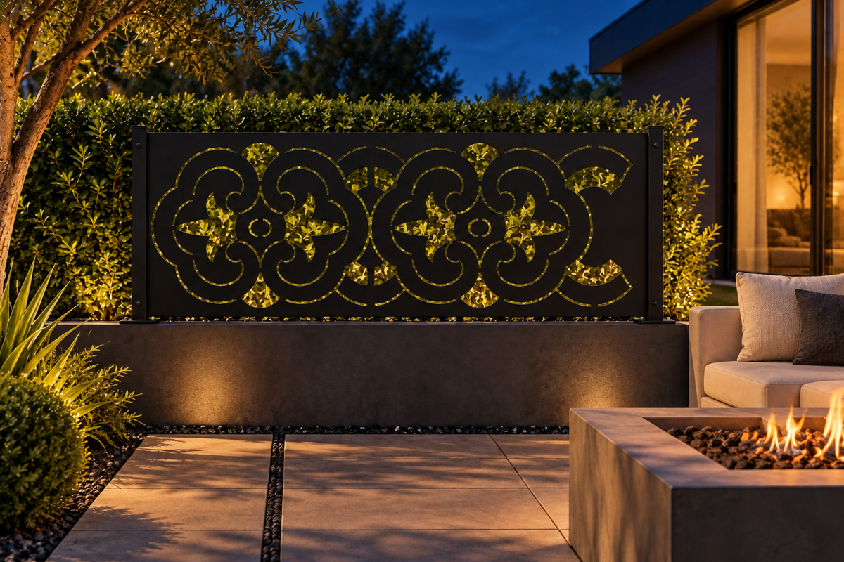 Design 331 Clover Scroll Border Laser Cut Metal Privacy Screen Panel installed garden night lighting view