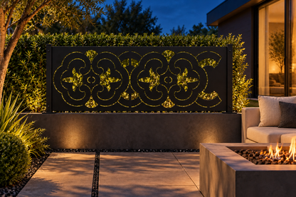 Design 331 Clover Scroll Border Laser Cut Metal Privacy Screen Panel installed garden night lighting view