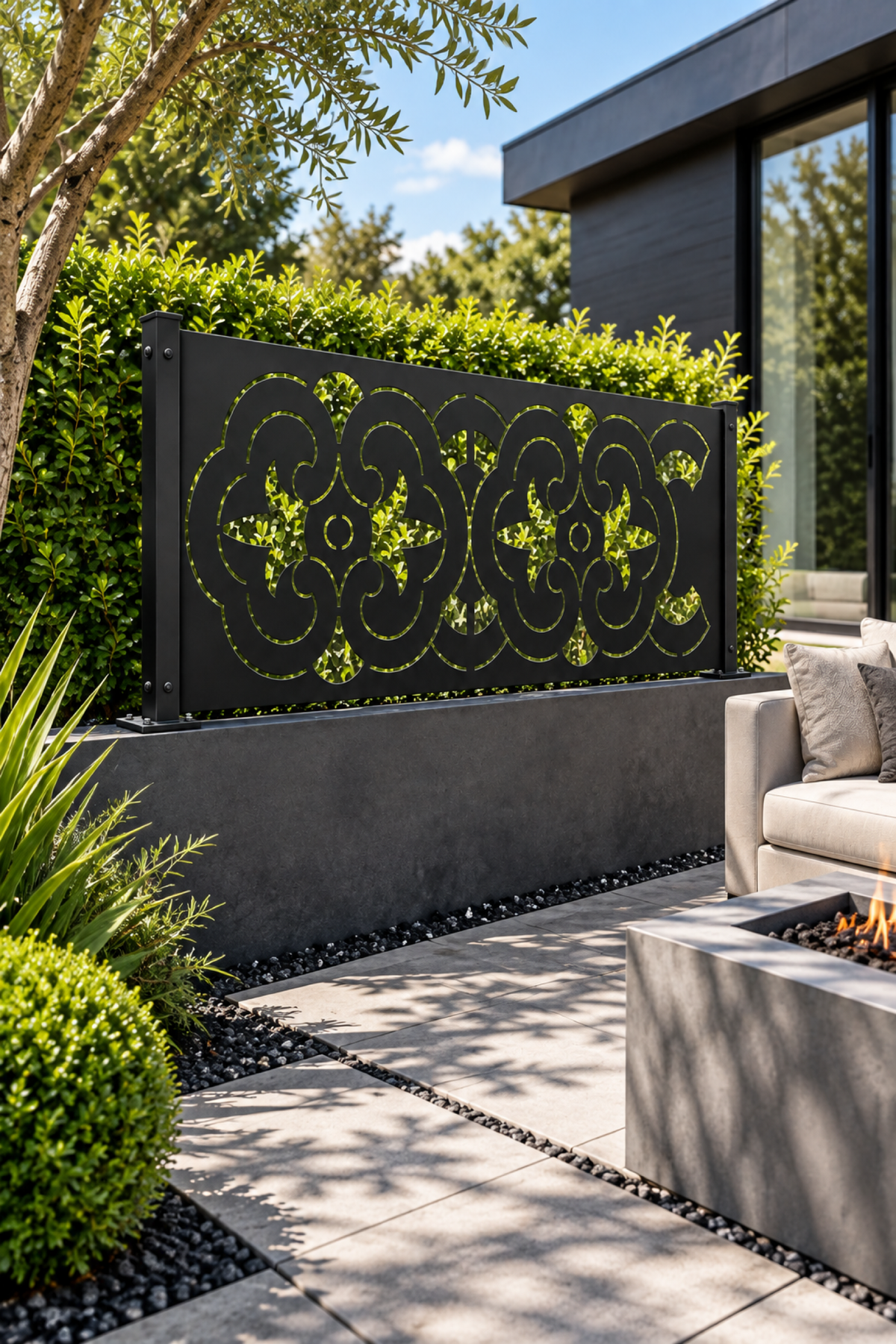 Design 331 Clover Scroll Border Laser Cut Metal Privacy Screen Panel oblique angle view