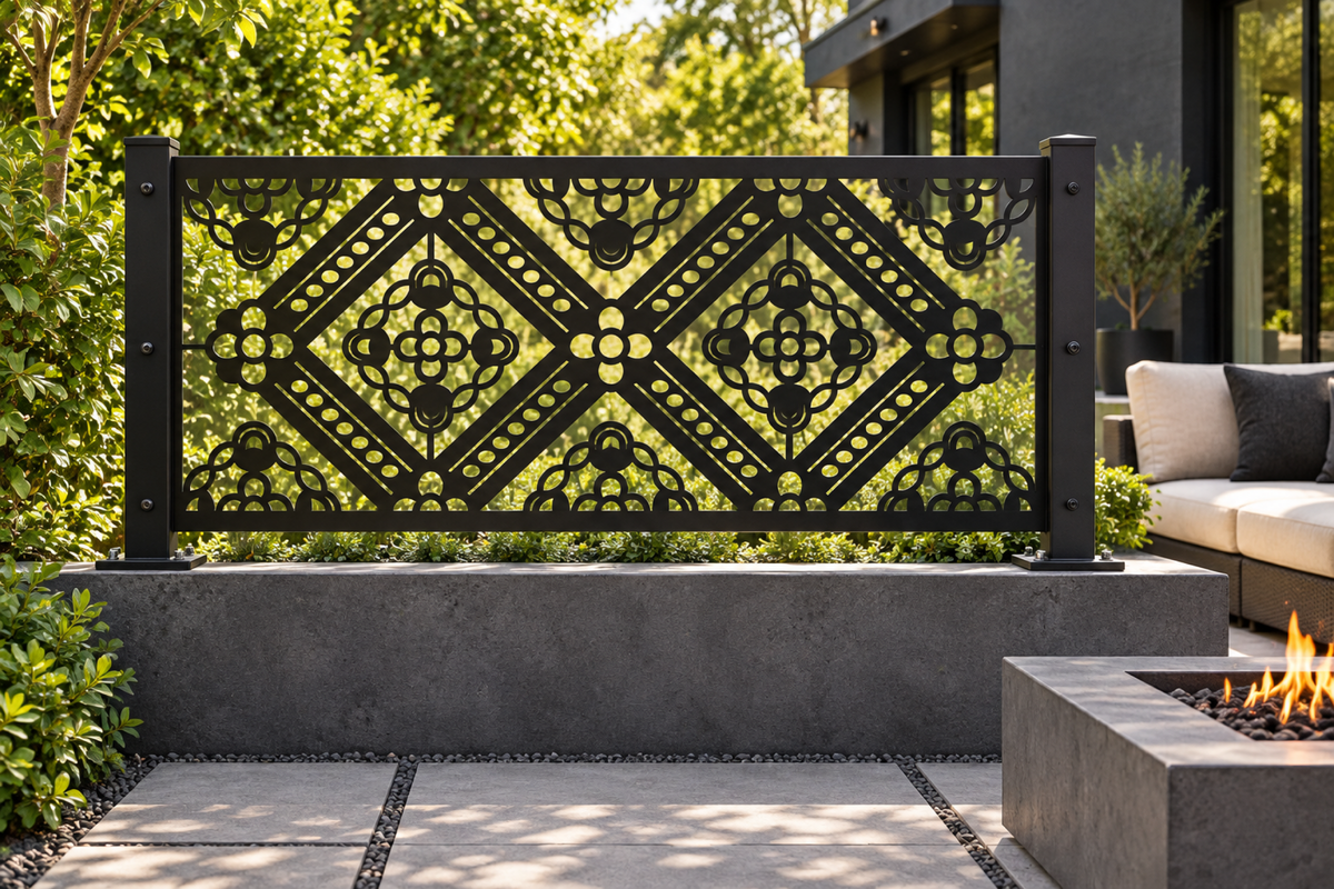 Design 332 Diamond Filigree Border Laser Cut Metal Privacy Screen Panel installed garden daylight view