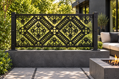 Design 332 Diamond Filigree Border Laser Cut Metal Privacy Screen Panel installed garden daylight view