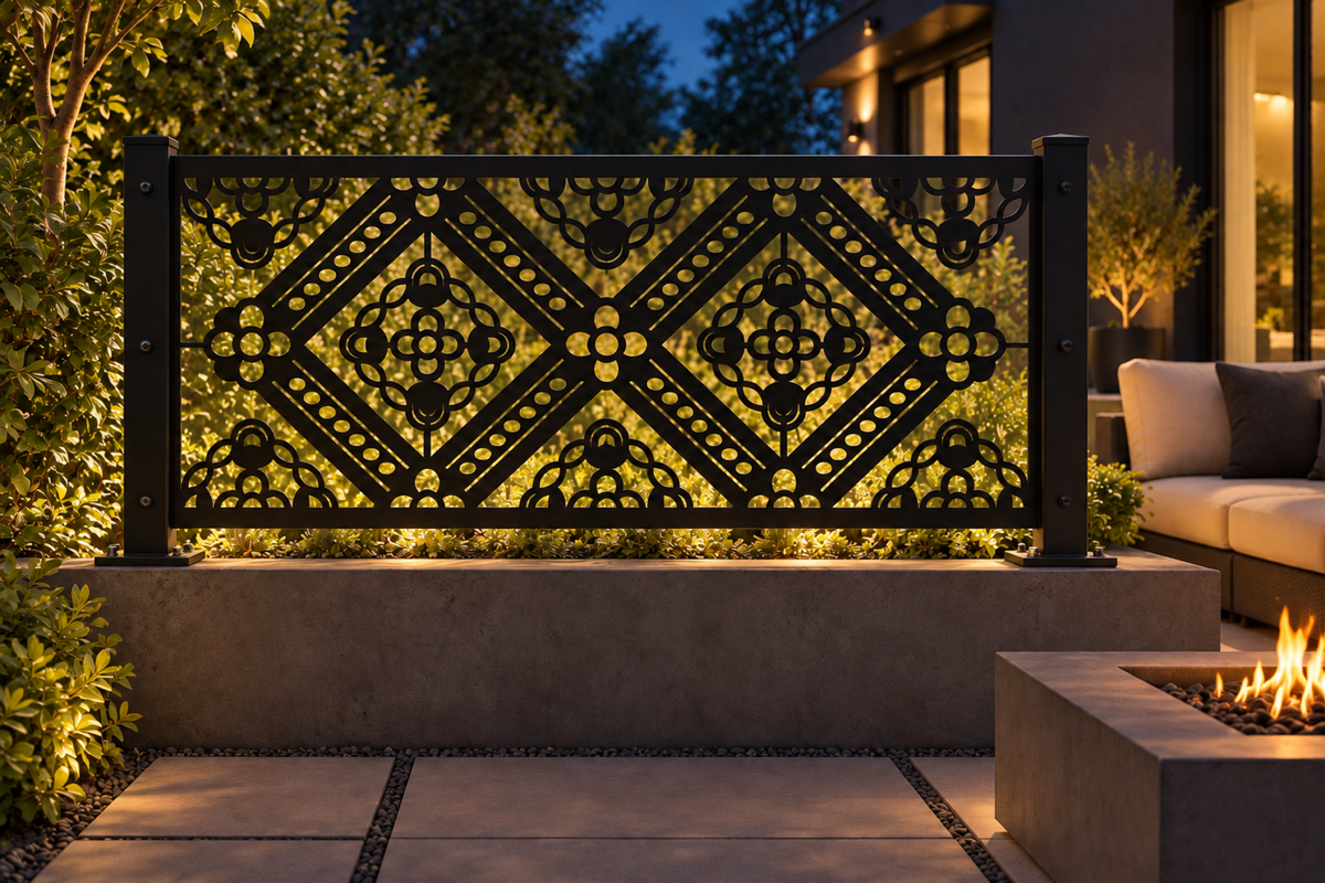 Design 332 Diamond Filigree Border Laser Cut Metal Privacy Screen Panel installed garden night lighting view