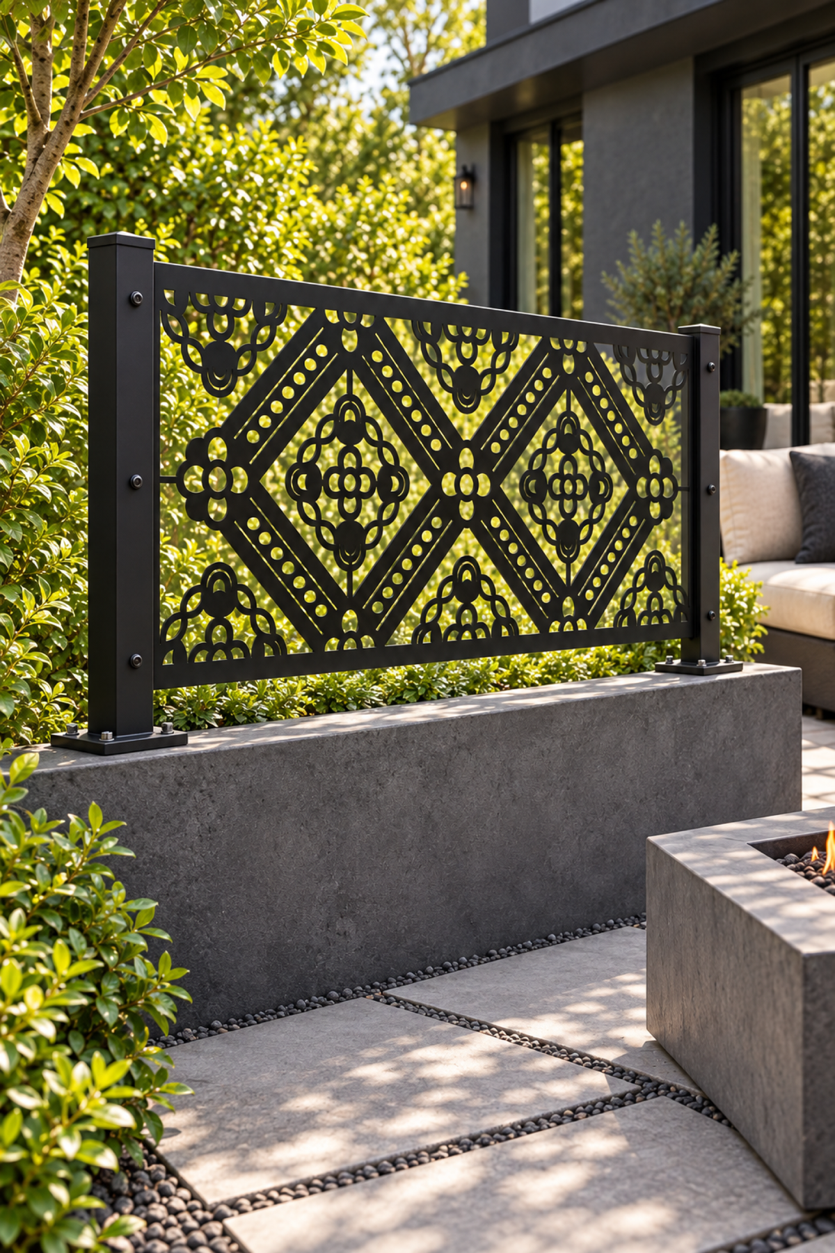 Design 332 Diamond Filigree Border Laser Cut Metal Privacy Screen Panel oblique angle view