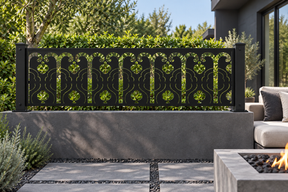 Design 333 Arcade Fleur Border Laser Cut Metal Privacy Screen Panel installed garden daylight view