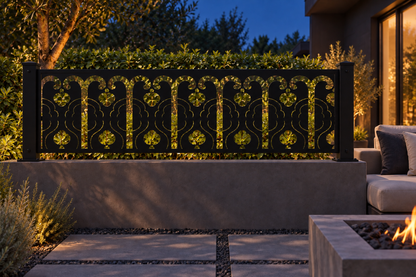 Design 333 Arcade Fleur Border Laser Cut Metal Privacy Screen Panel installed garden night lighting view