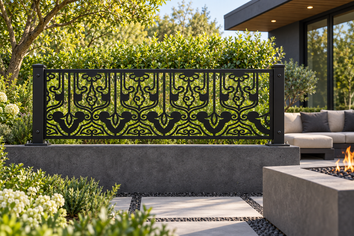 Design 334 Palace Column Border Laser Cut Metal Privacy Screen Panel installed garden daylight view