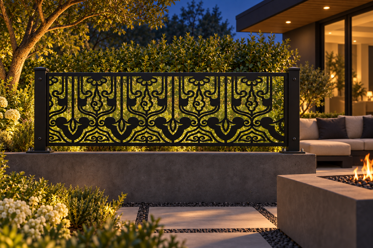 Design 334 Palace Column Border Laser Cut Metal Privacy Screen Panel installed garden night lighting view