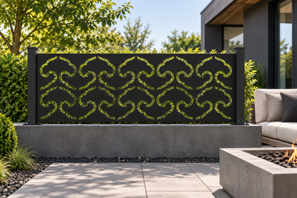 Design 335 Interlocking Cloud Border Laser Cut Metal Privacy Screen Panel installed garden daylight view