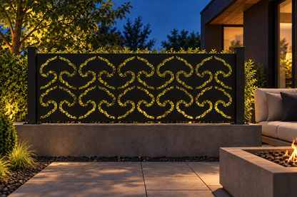 Design 335 Interlocking Cloud Border Laser Cut Metal Privacy Screen Panel installed garden night lighting view