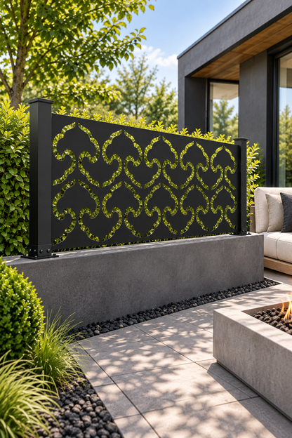 Design 335 Interlocking Cloud Border Laser Cut Metal Privacy Screen Panel oblique angle view