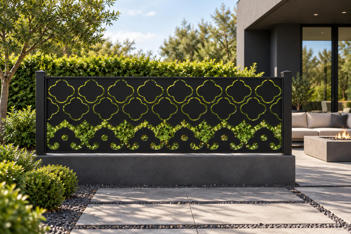 Design 336 Quatrefoil Wave Border Laser Cut Metal Privacy Screen Panel installed garden daylight view