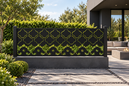 Design 336 Quatrefoil Wave Border Laser Cut Metal Privacy Screen Panel installed garden daylight view