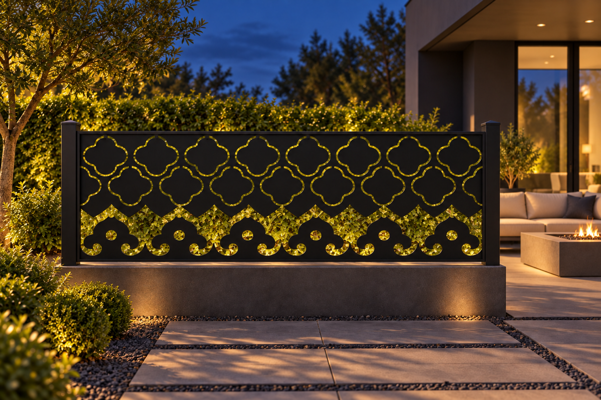 Design 336 Quatrefoil Wave Border Laser Cut Metal Privacy Screen Panel installed garden night lighting view