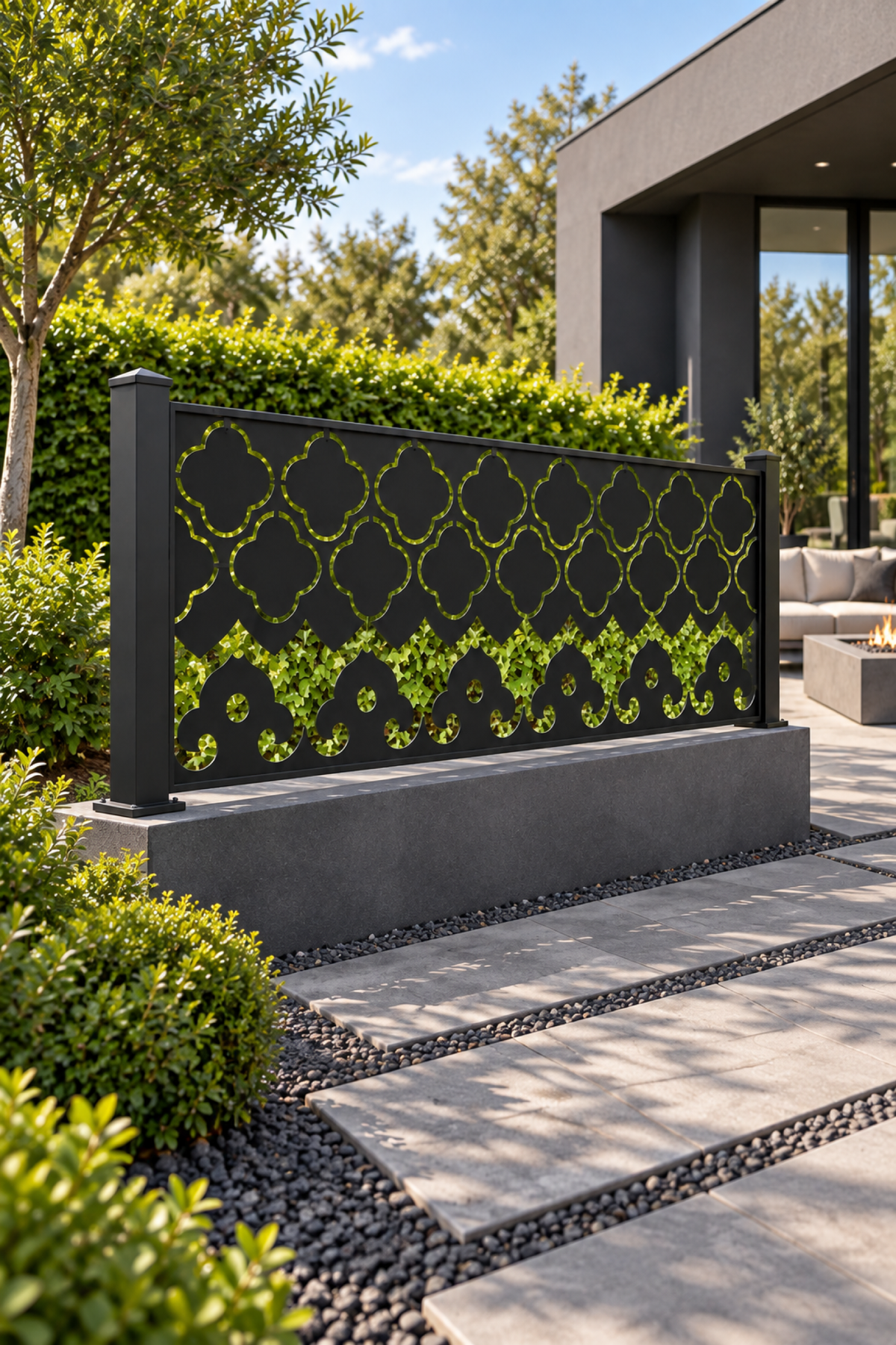 Design 336 Quatrefoil Wave Border Laser Cut Metal Privacy Screen Panel oblique angle view