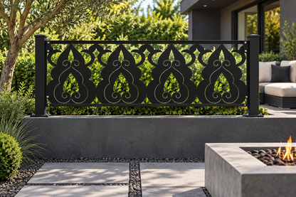 Design 337 Teardrop Flame Border Laser Cut Metal Privacy Screen Panel installed garden daylight view