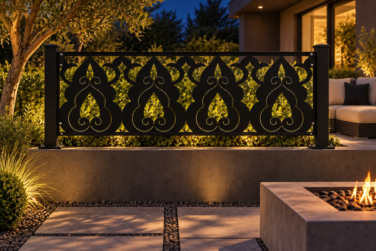 Design 337 Teardrop Flame Border Laser Cut Metal Privacy Screen Panel installed garden night lighting view