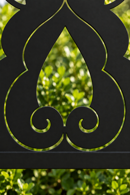 Design 337 Teardrop Flame Border Laser Cut Metal Privacy Screen Panel close-up detail view