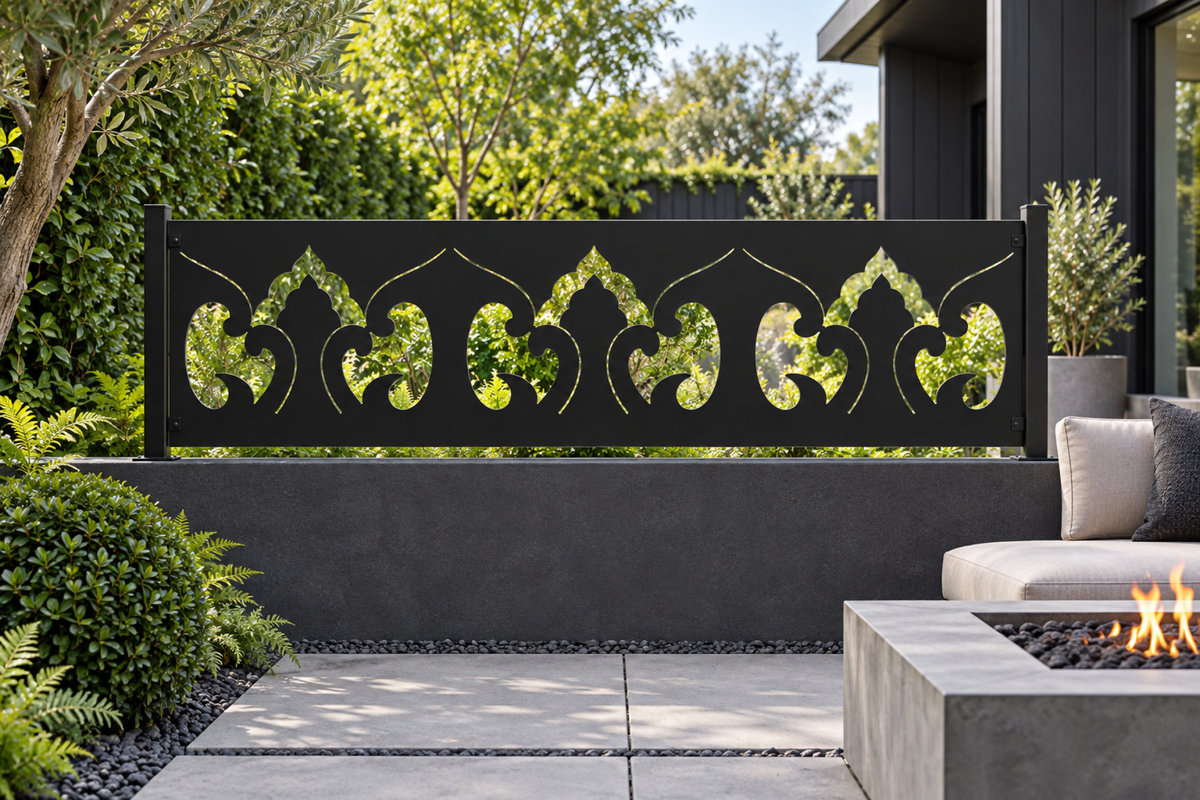 Design 338 Flame Crest Border Laser Cut Metal Privacy Screen Panel installed garden daylight view