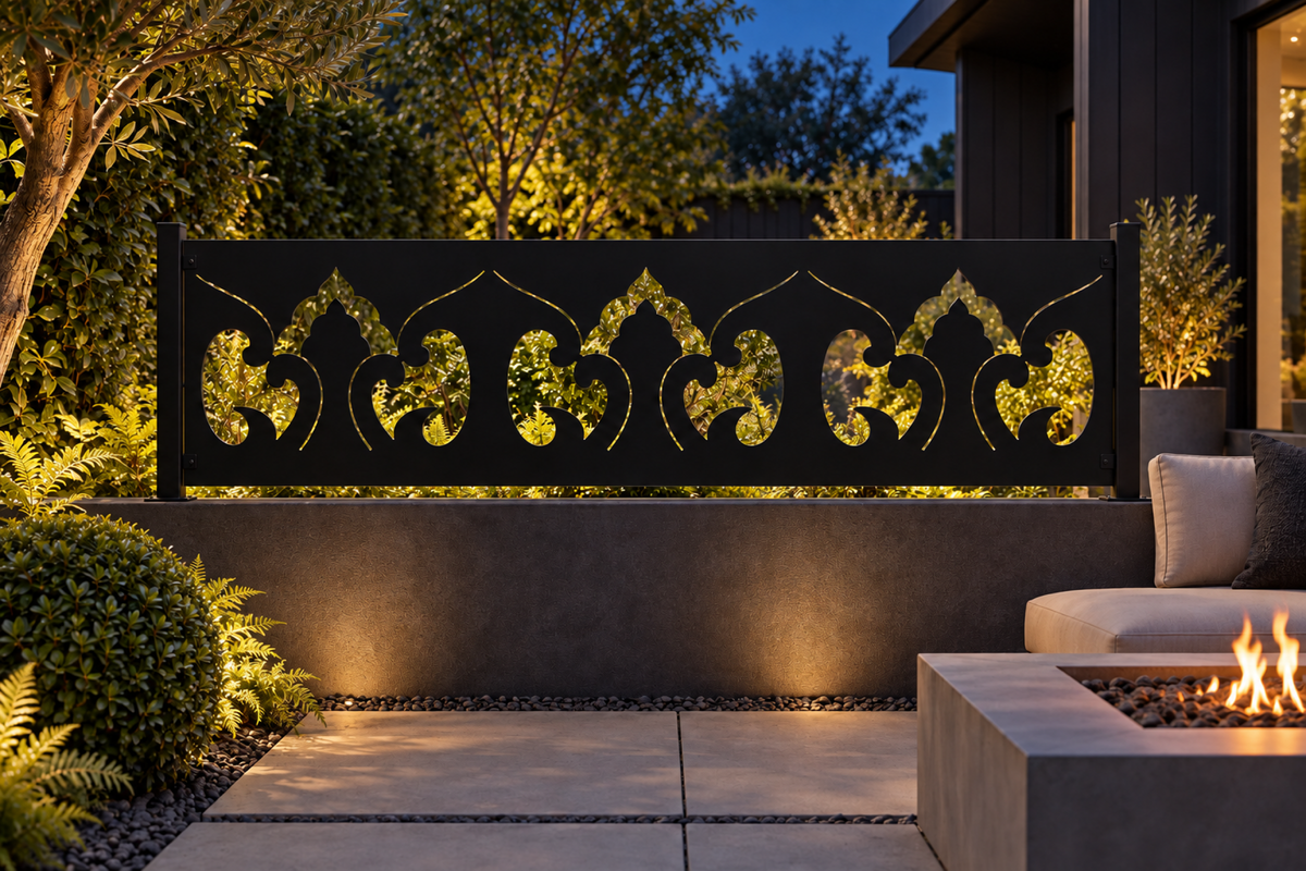 Design 338 Flame Crest Border Laser Cut Metal Privacy Screen Panel installed garden night lighting view