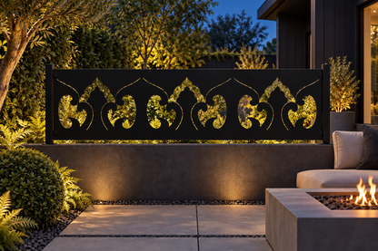 Design 338 Flame Crest Border Laser Cut Metal Privacy Screen Panel installed garden night lighting view