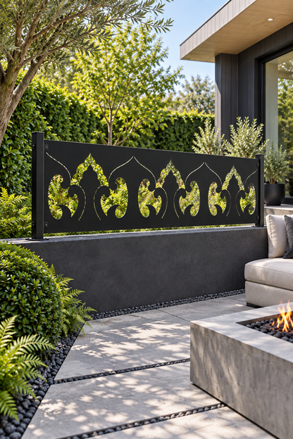 Design 338 Flame Crest Border Laser Cut Metal Privacy Screen Panel oblique angle view