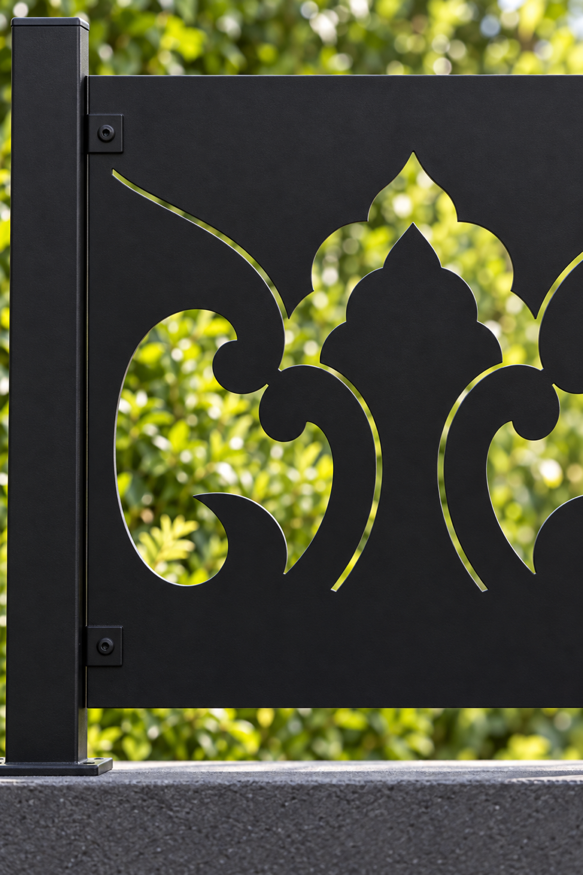 Design 338 Flame Crest Border Laser Cut Metal Privacy Screen Panel close-up detail view