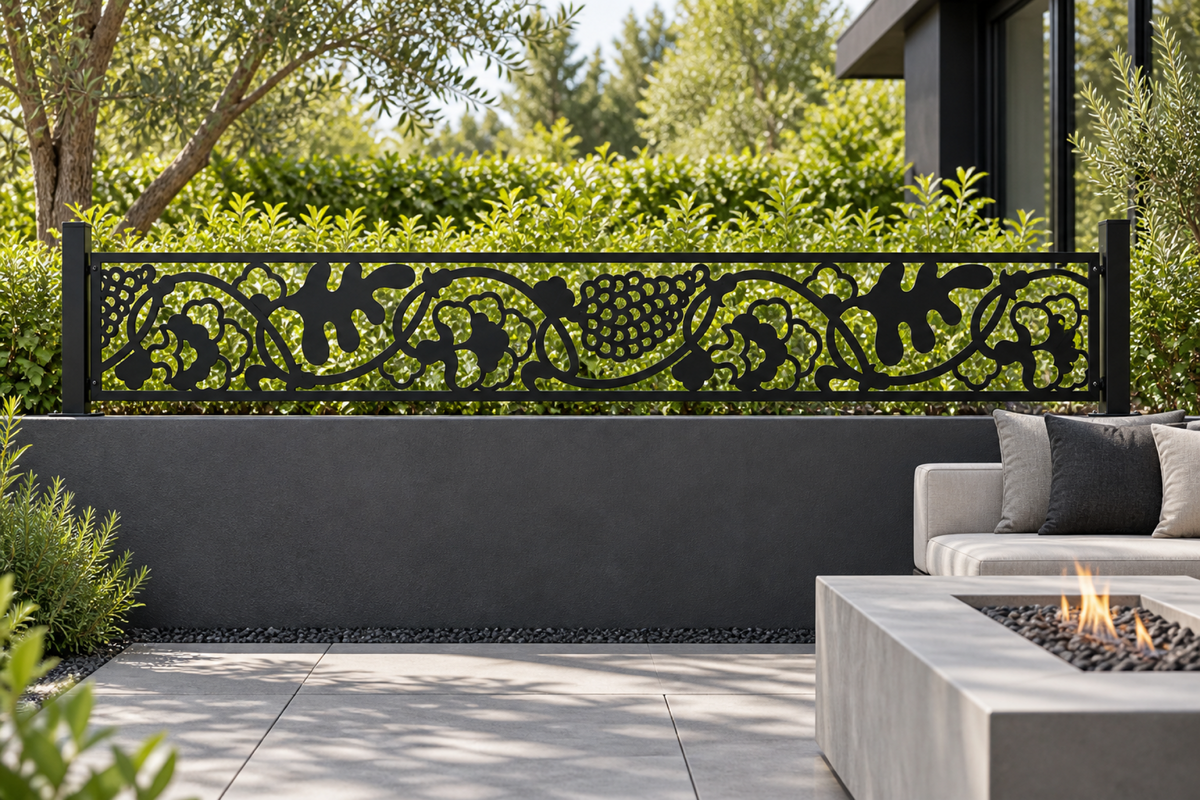 Design 339 Leaf Ribbon Border Laser Cut Metal Privacy Screen Panel installed garden daylight view