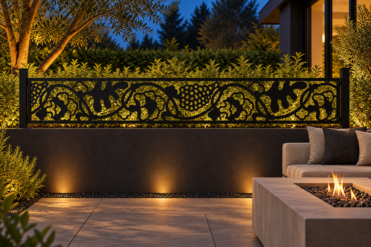 Design 339 Leaf Ribbon Border Laser Cut Metal Privacy Screen Panel installed garden night lighting view