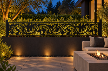 Design 339 Leaf Ribbon Border Laser Cut Metal Privacy Screen Panel installed garden night lighting view