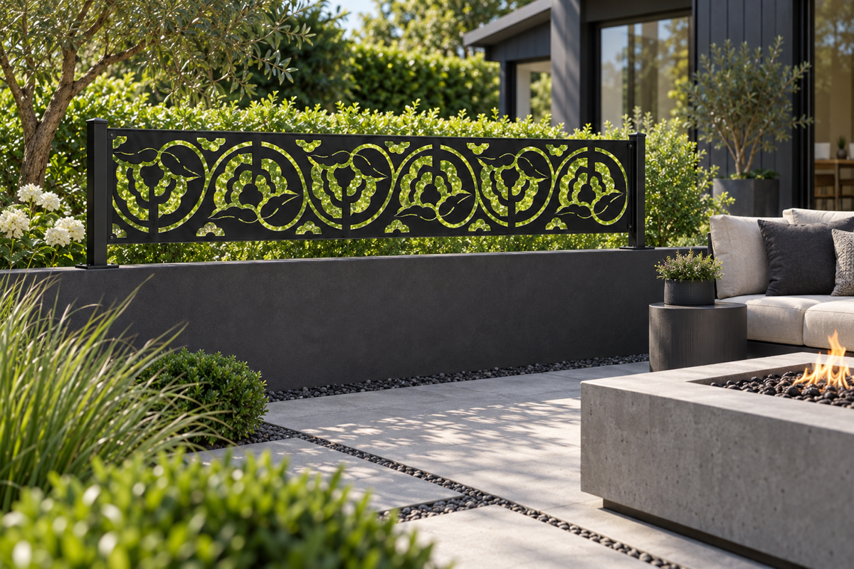 Design 340 Rose Vine Border Laser Cut Metal Privacy Screen Panel installed garden daylight view