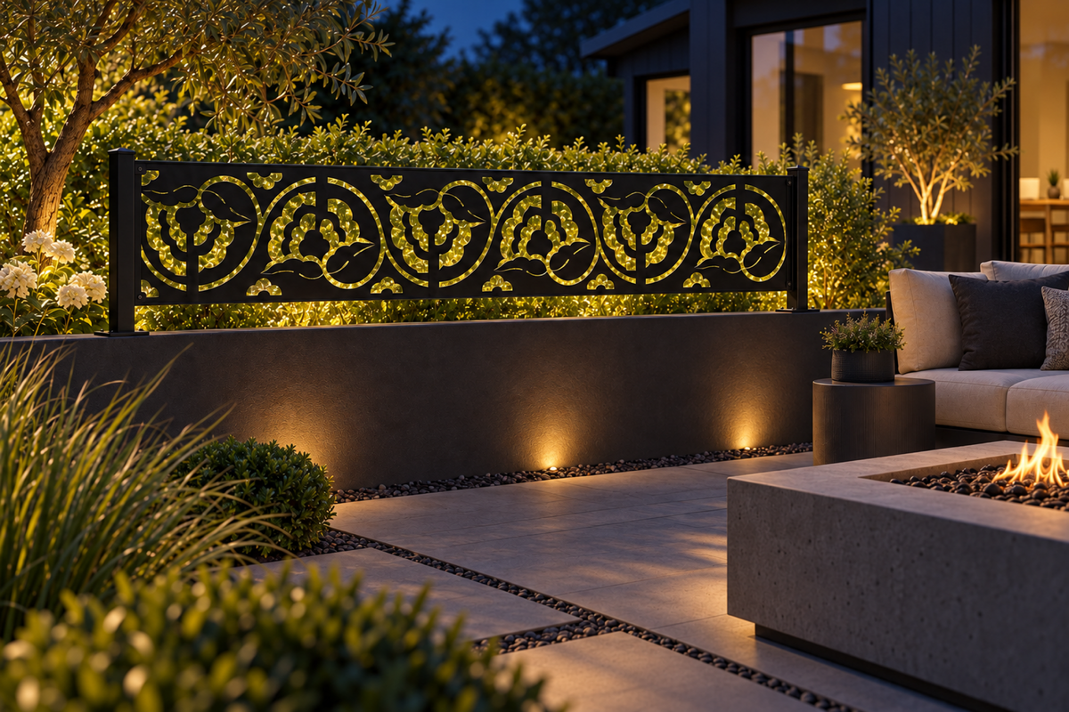 Design 340 Rose Vine Border Laser Cut Metal Privacy Screen Panel installed garden night lighting view