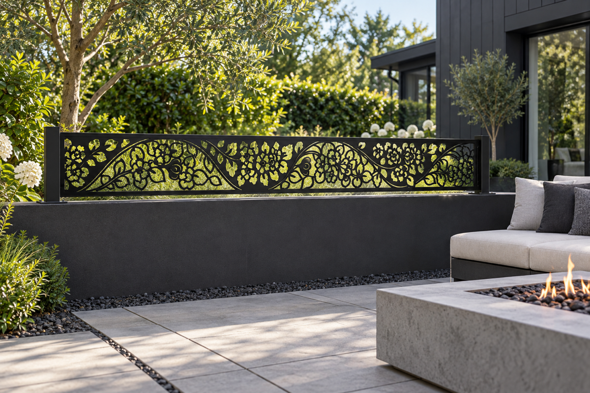 Design 341 Shell Flourish Border Laser Cut Metal Privacy Screen Panel installed garden daylight view