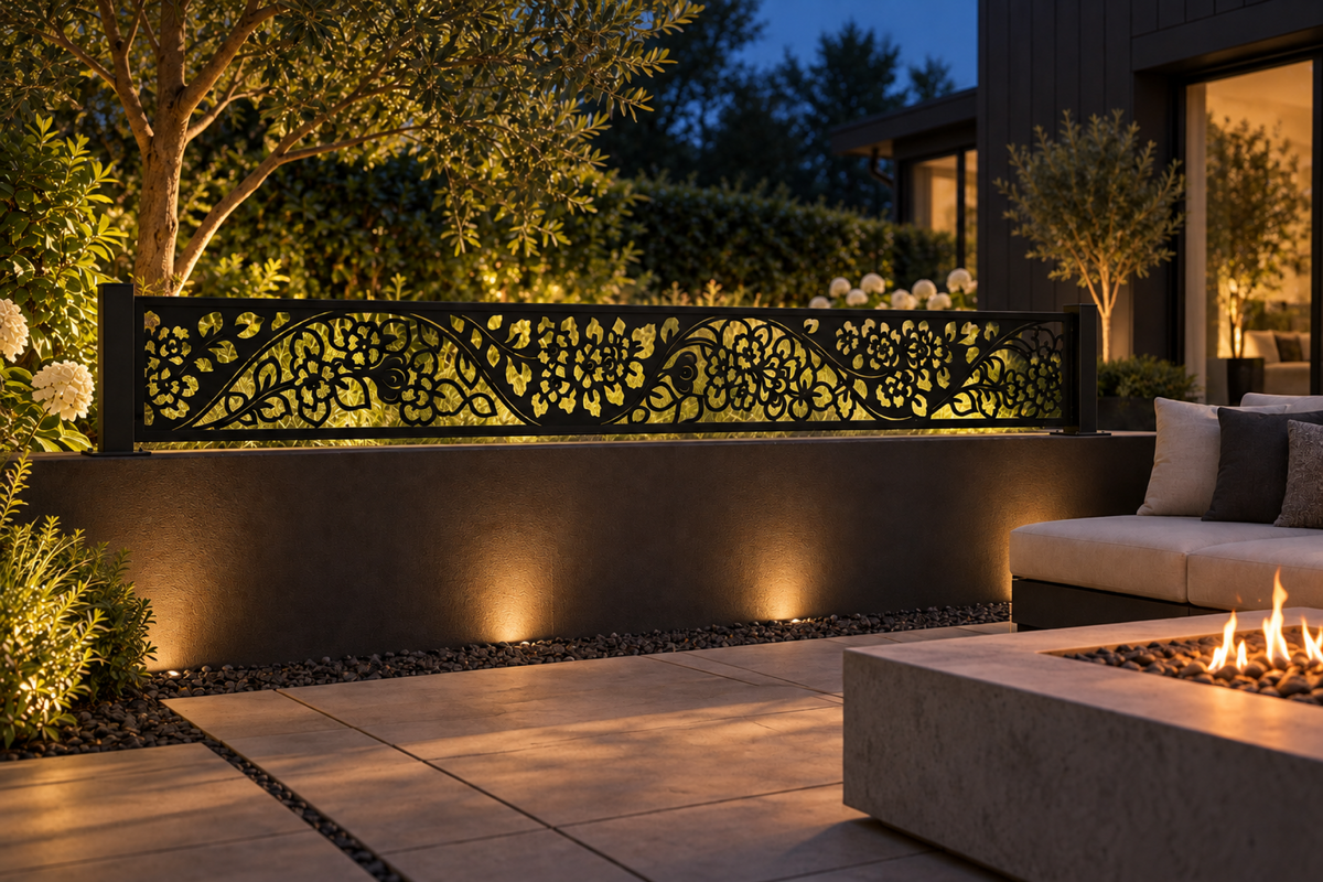 Design 341 Shell Flourish Border Laser Cut Metal Privacy Screen Panel installed garden night lighting view