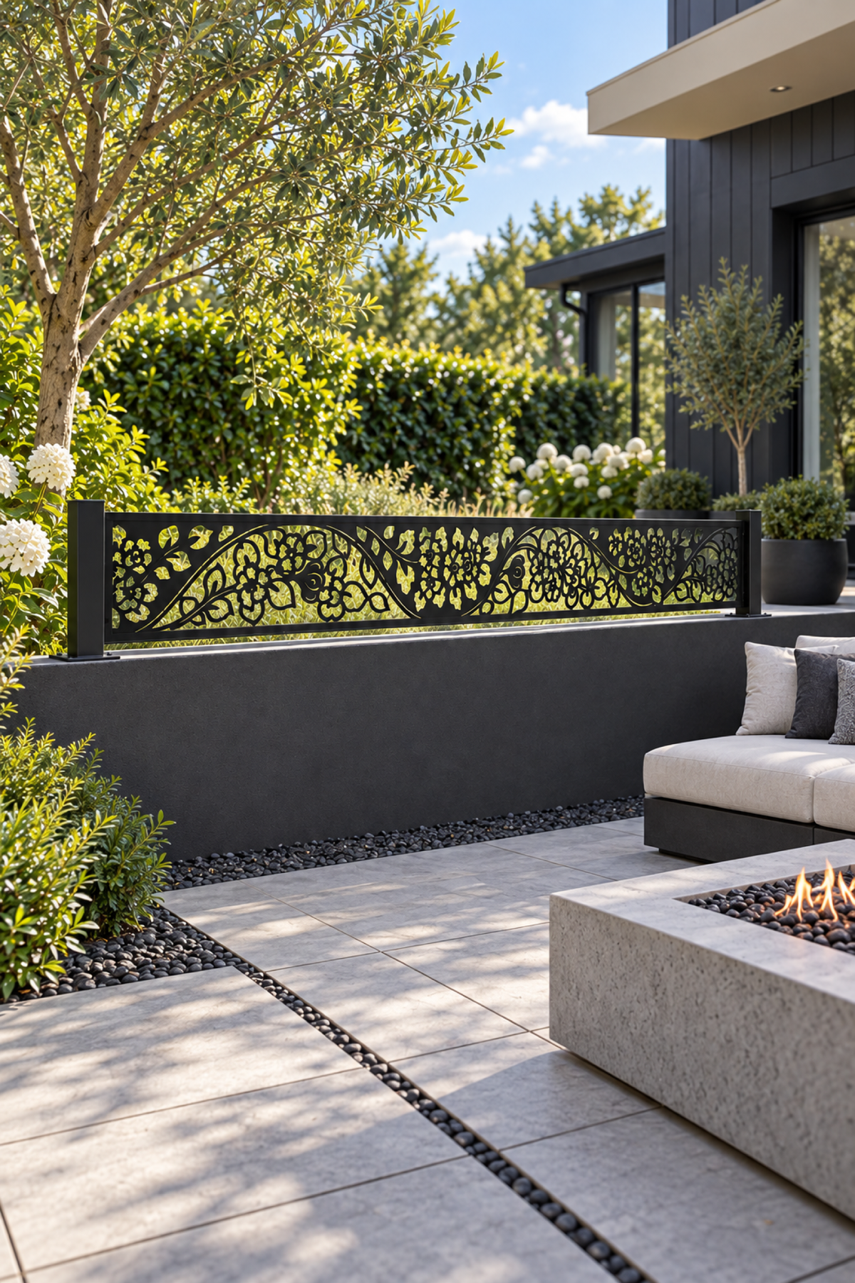 Design 341 Shell Flourish Border Laser Cut Metal Privacy Screen Panel oblique angle view