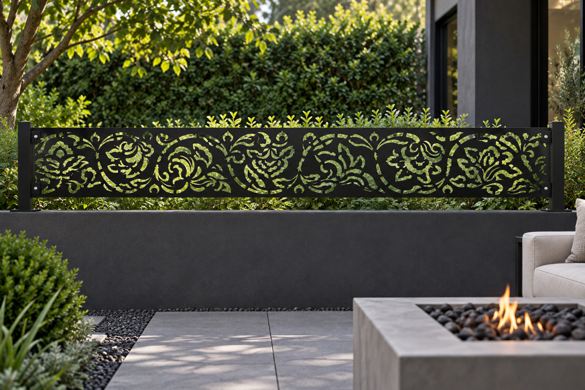 Design 342 Dense Acanthus Border Laser Cut Metal Privacy Screen Panel installed garden daylight view
