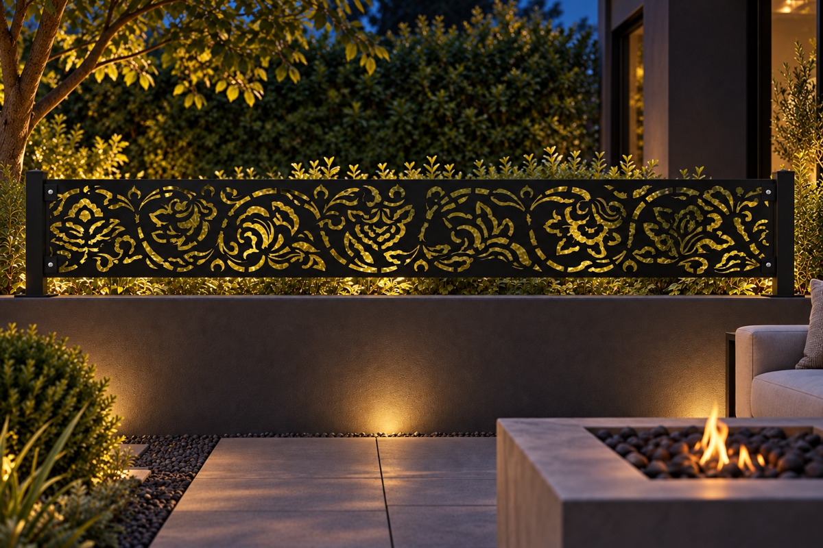 Design 342 Dense Acanthus Border Laser Cut Metal Privacy Screen Panel installed garden night lighting view