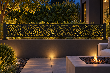 Design 342 Dense Acanthus Border Laser Cut Metal Privacy Screen Panel installed garden night lighting view