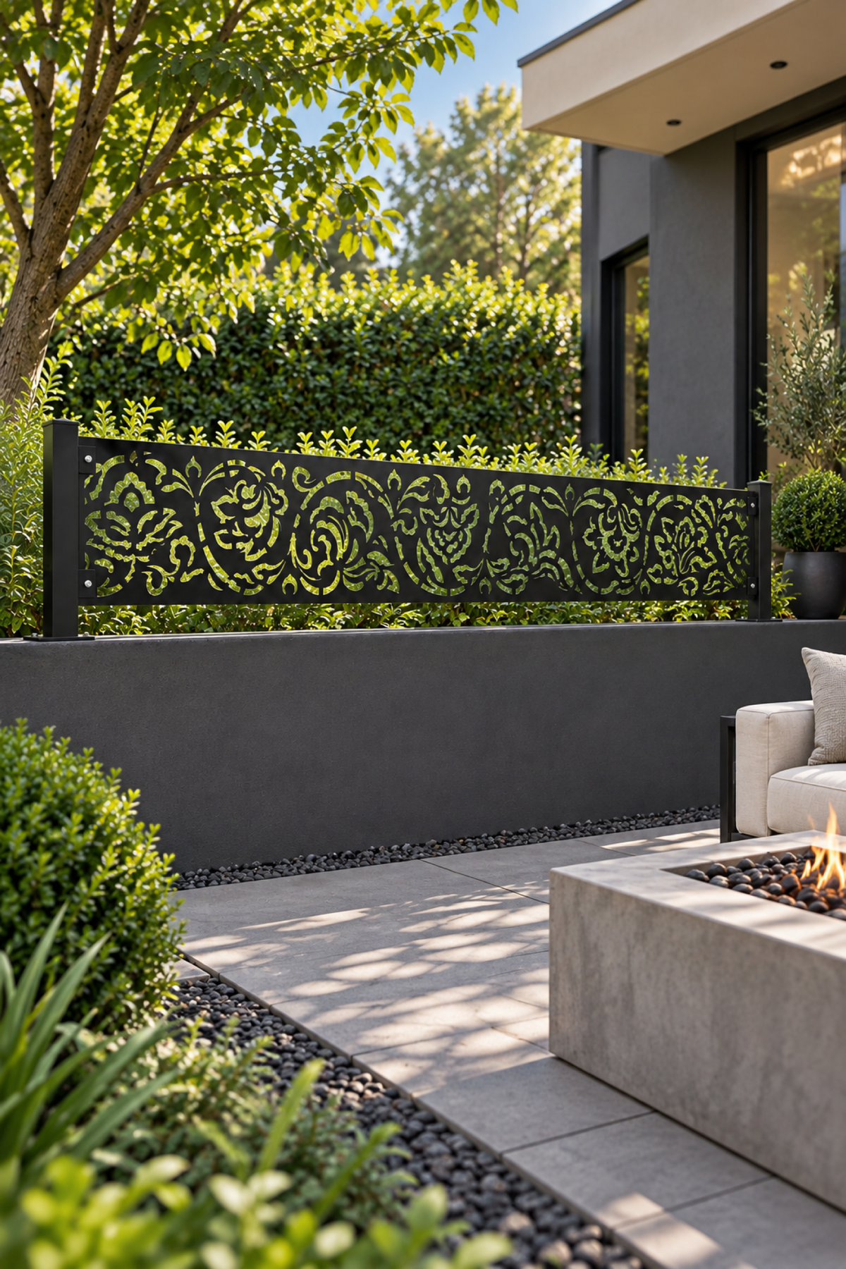 Design 342 Dense Acanthus Border Laser Cut Metal Privacy Screen Panel oblique angle view